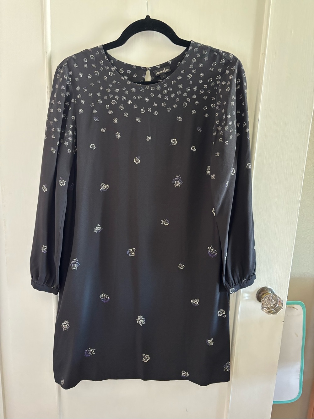 Steven Alan Black Silk Long-Sleeve Shift Dress with Silver Floral Detail